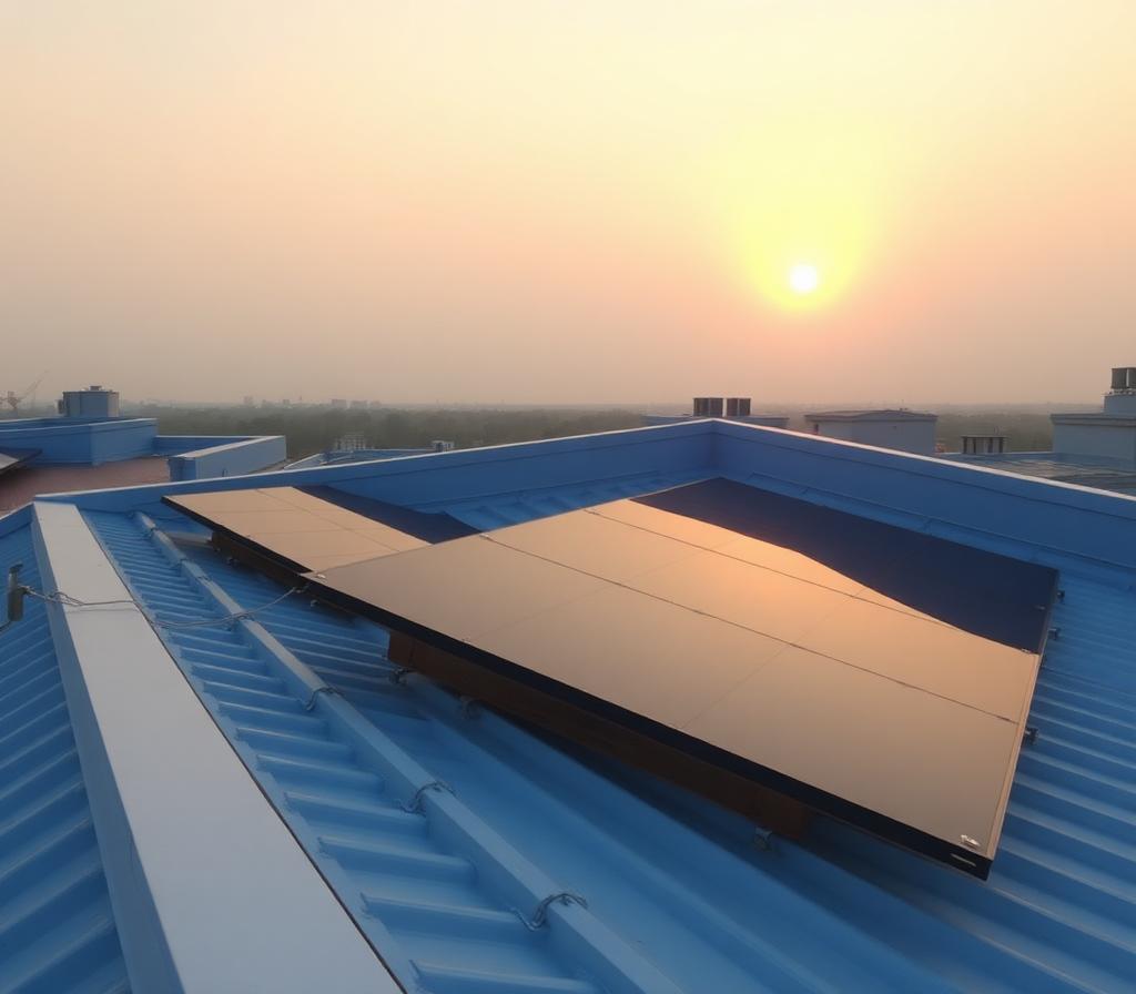 Panneaux solaires installés sur une toiture en Guadeloupe au coucher du soleil